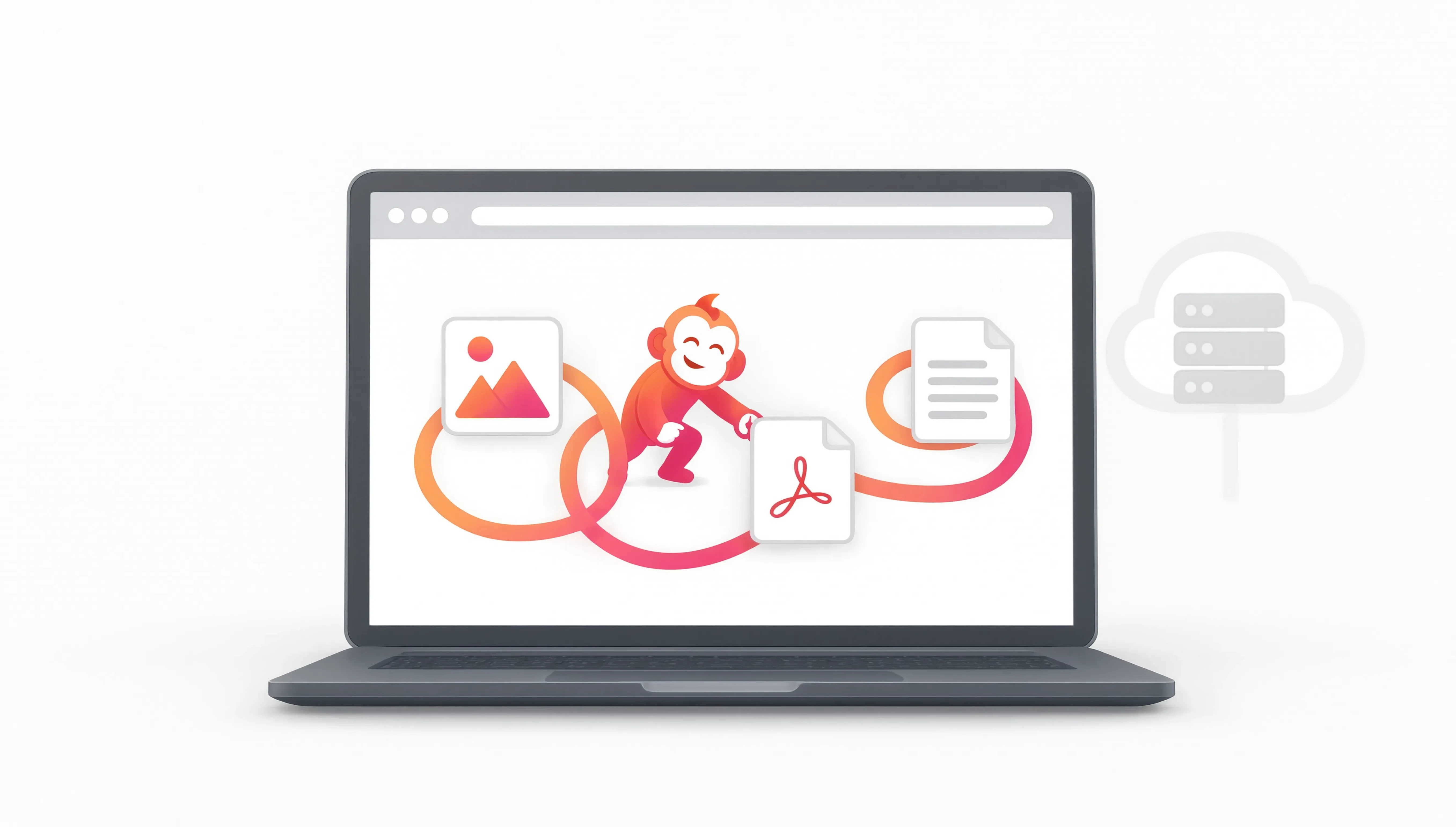 OutMonkey mascot keeping files inside a browser while a distant cloud server stays separate.