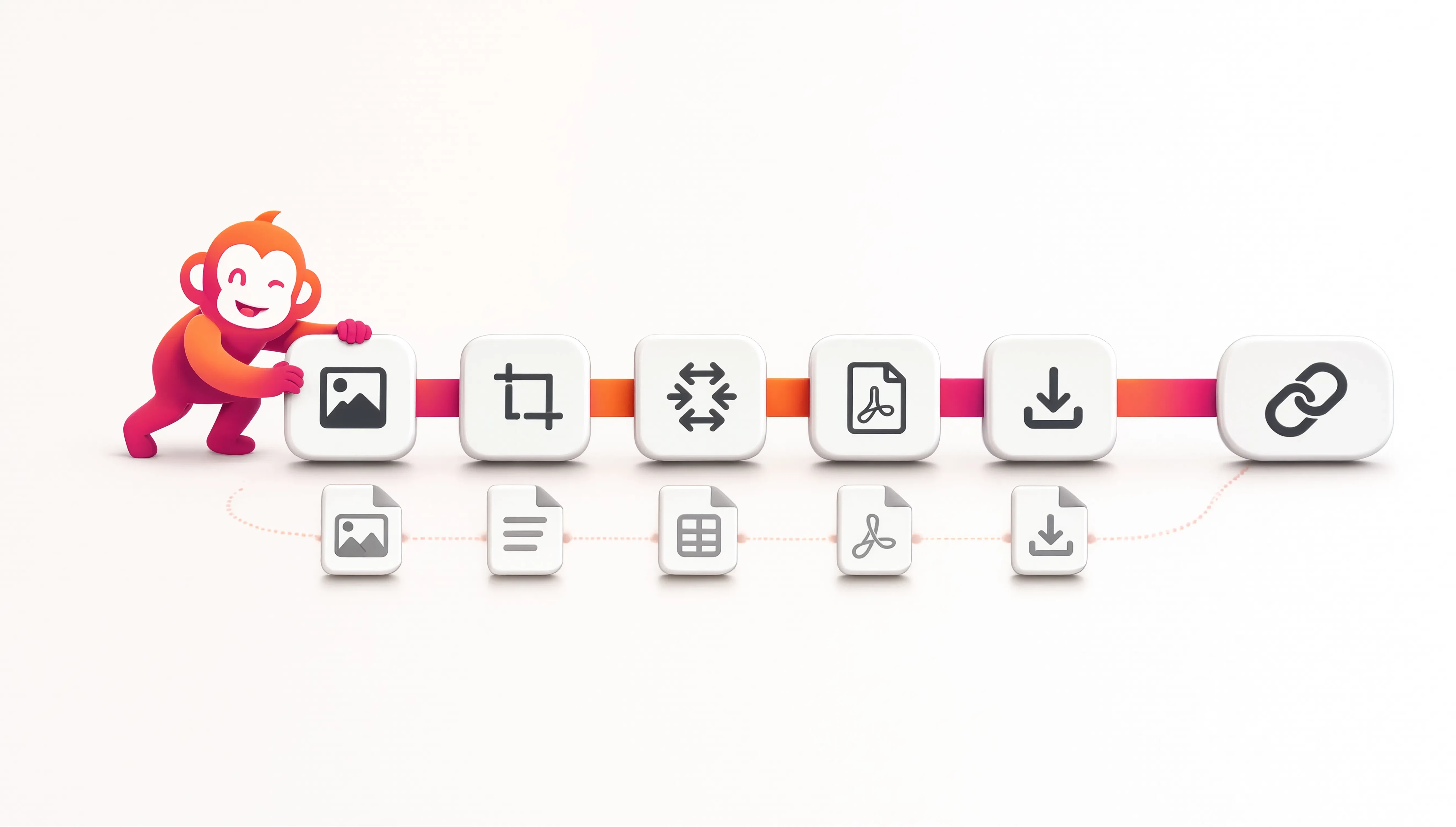 OutMonkey mascot arranging several small tool steps into one reusable workflow while files pass through.