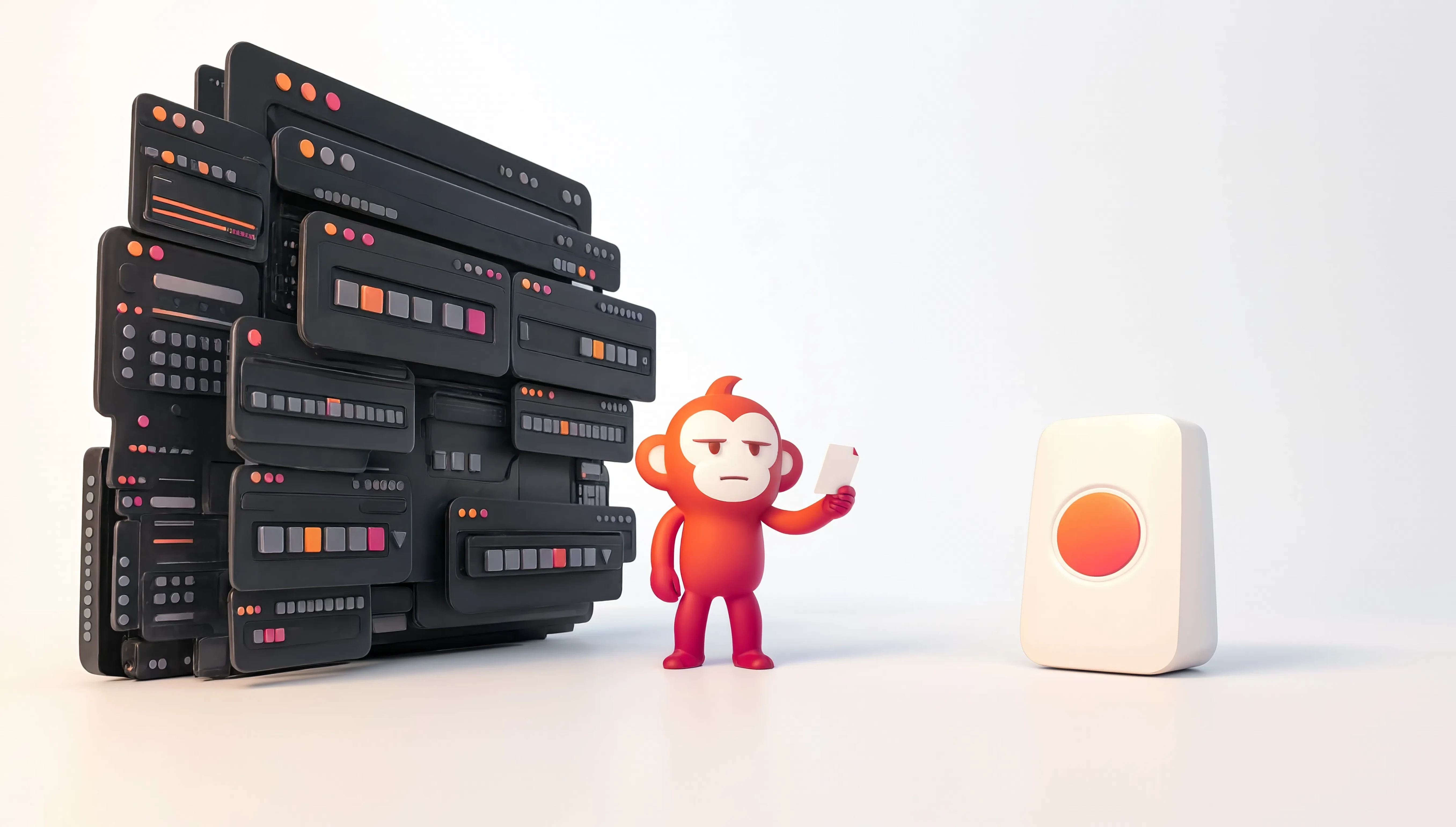 OutMonkey mascot facing an oversized wall of software controls beside one simple task.