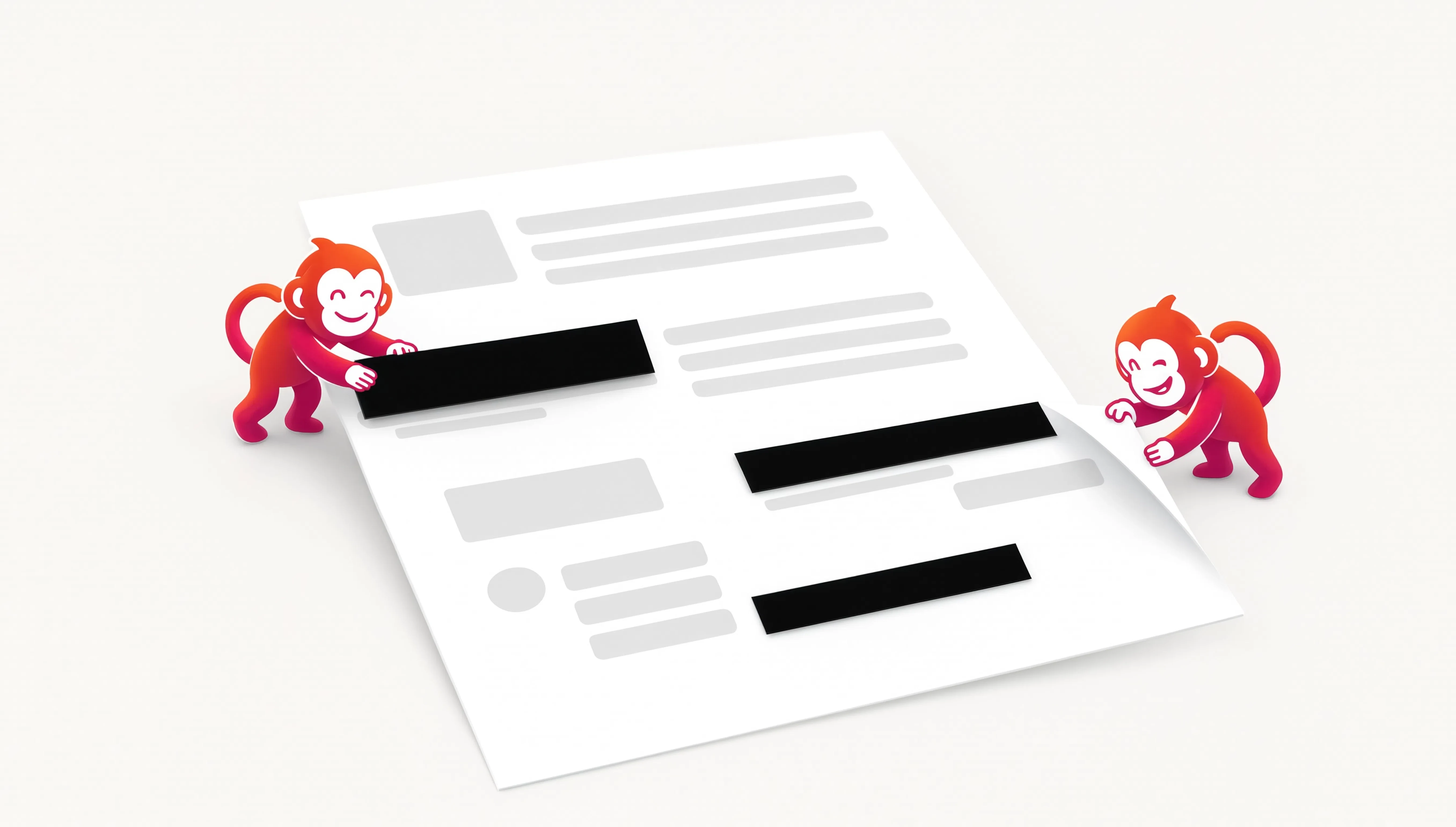 OutMonkey mascot comparing a cosmetic black box with a properly removed section of a document.